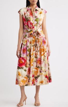 Julia Jordan Floral Print Tie Waist Midi Dress in Ivory Multi at Nordstrom, Size X-Small