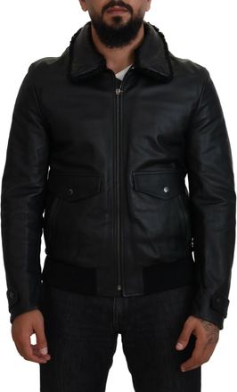 Dolce & Gabbana Black Lamb Leather Collared Men Coat Mens Jacket