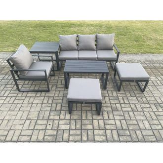 Fimous Fimous Aluminium 6 Pieces Garden Furniture Sofa Set with Cushions 6 Seater Outdoor Patio Set with Armchair 2 Big Footstools Side Table Dark Grey