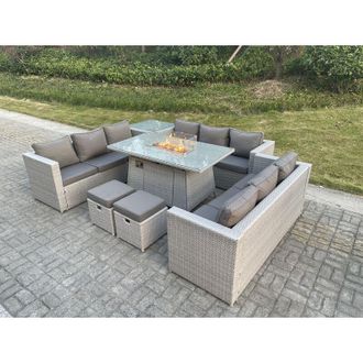 Fimous Fimous Light Grey U Shape Lounge Sofa Dining Set With Gas Heater Firepit Burner Dining Table Side Coffee Tea Table Big Stools