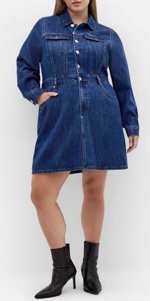 City Chic Liora Long Sleeve Denim Shirtdress in Dark Denim at Nordstrom, Size Xxl