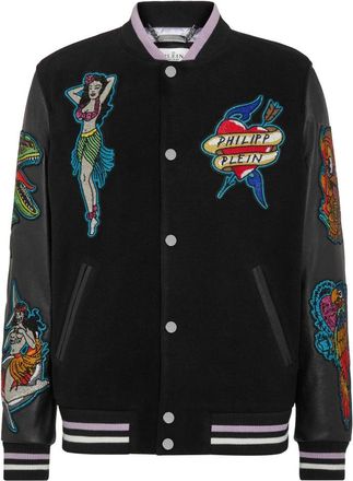 Philipp Plein Leather College Bomber Hawaii - Heren - Bomber jackets - Zwart - S - Wol - Jassen