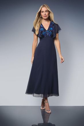 Wallis Womens Petite Embellished Floral Angel Sleeve Midi Dress - Navy - Size 16 UK