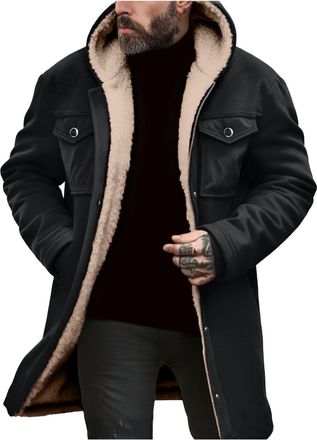 Generic Hooded Long Jacket Mens Loose Fit Solid Color Winter Sherpa Warm Jackets Fleece Lined Insulated Coat Long Sleeved Chunky Padded Coats with Cargo Pocke