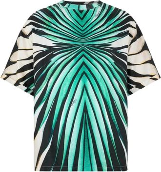 Roberto Cavalli Silk Blend T-Shirt With Ray Of Sea Print - Heren - T-shirts - Blauw - XL - Katoen - Tops