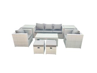 Fimous Rattan Garden Furniture Set 7 Seater Outdoor Garden Sofa Oblong Coffee Table Set with 2 Chairs 2 Stools 2 Side Tables Light Grey Mixed