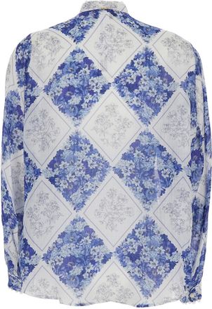 Twinset Womens High Neck Shirt Blue Floral Multicolour Ramie Blouses