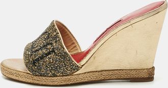 Carolina Herrera Metallic Glitter And Leather Wedge Espadrille Sandals