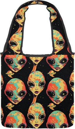 Generic Bright Aliens Reversible Canvas Shoulder Tote - Double-Sided Print, 12oz Cotton, 27cm Drop, Fold-Flat Bag for Travel, Shopping, Street Outings