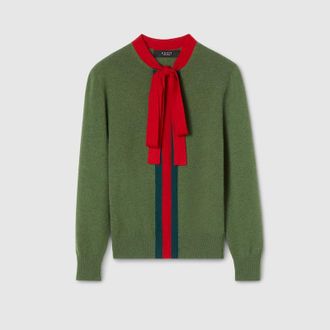 Gucci Knit Cashmere Sweater With Ribbon, Size XXL, Green, Ready-to-wear