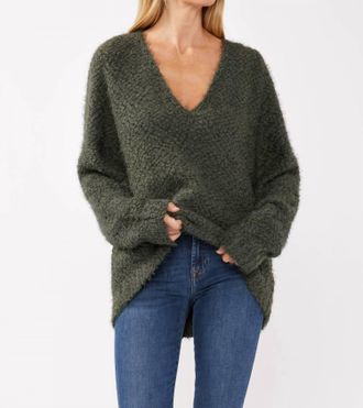 Lovestitch Hi-Low Fuzzy Pullover Sweater In Olive