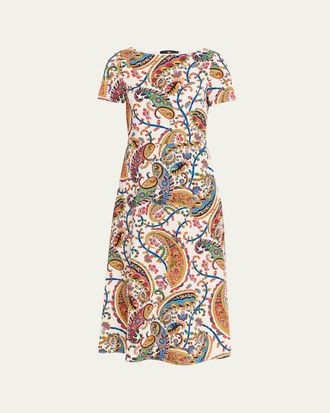 Etro Paisley-Print Short-Sleeve A-Line Midi Dress
