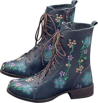 Generic Combat Boots for Women,2025 Boho Retro Casual Round Toe Casual Mid Calf Short Boots with Side Zip Winter Vintage Flower Design Embroidered Lace Up Lea