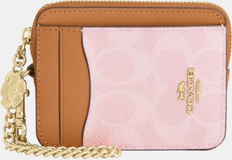 Coach Womens Zip Card Case In Signature Canvas With Charm - Pink - One Size