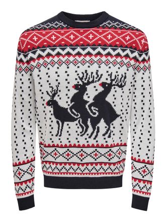 Only & Sons Rundhalspullover ONLY & SONS ONSX-MAX REG DEER CREW KNIT, Herren, Gr. XXL, weiss (cloud dancer), Strick, Obermaterial: 100% Baumwolle, gemustert, regu