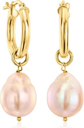 Ross-Simons Italian 18kt Gold Over Sterling Hoop Earrings With Removable 10-11mm Peach Cultured Baroque Pearl Drops