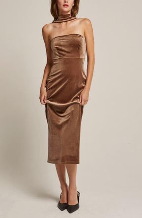 Crescent Halter Neck Velvet Tube Midi Dress in Mocha Mousse at Nordstrom, Size X-Small