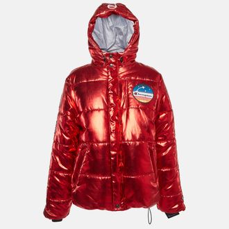 Champion Red Lame Printed & Badge Detail Puffer Overcoat