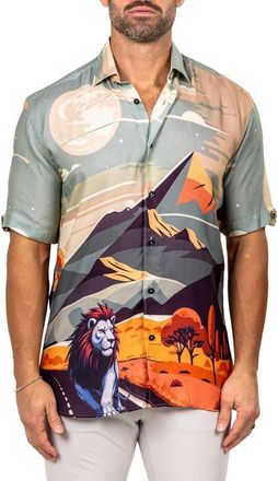 Maceoo Galileo Marthy Short Sleeve Button-Up Shirt in Beige/Blue Multi at Nordstrom, Size 4