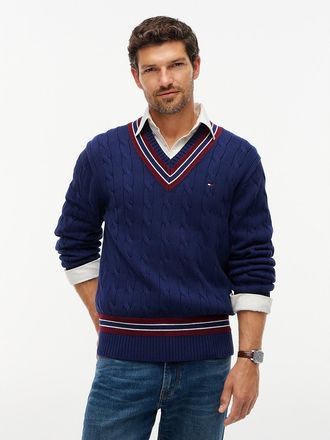 Tommy Hilfiger Mens Relaxed Fit Cable Knit Cricket Sweater - Preppy Navy - XL