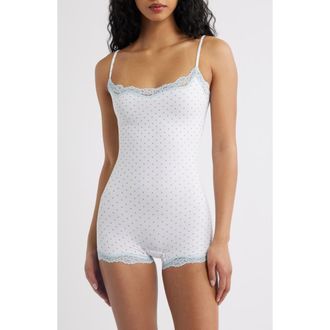 SKIMS Fits Eveyrbody Lace Romper in Slate Pin Dot Print at Nordstrom, Size Xx-Small