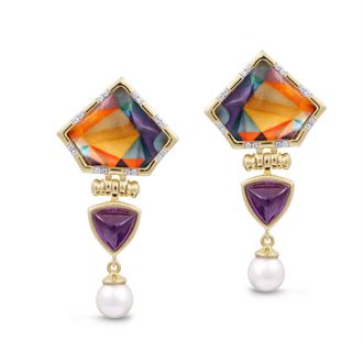 LuvMyJewelry Mysterious Mayhem Amethyst Gemstone Diamond Pearl Yellow Gold Plated Silver Earrings