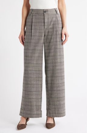 Wit & Wisdom Skyrise Glen Plaid Pleated Wide Leg Trousers in Birch Black Multi at Nordstrom, Size 18P