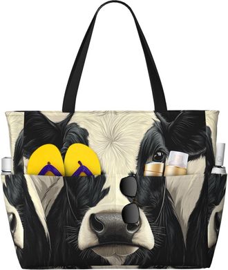 Generic Cow Print Print Large Beach Bag Foldable Travel Shoulder Tote Bag With Pocket For Weekender Pool Vacation