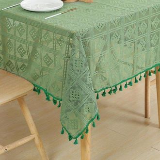 OEM Mantel - Mantel De Encaje - Estampado A Cuadros - Dise&ntilde;o Geom&eacute;trico Calado - Con Borlas - Verde - 140x100 Cm