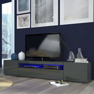 Dmora Dmora - Mueble Para Tv Para Sal&oacute;n, Made In Italy, Mueble Para Tv Con 3 Puertas Y Estantes, Cm 200x40h37, Color Antracita Brillante, Con Luz Led Azul, 