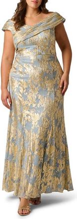 Adrianna Papell Foil Leaf Mermaid Gown in Light Blue/Gold at Nordstrom, Size 18W
