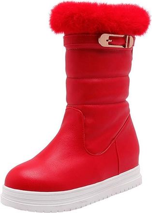 Generic Womens Round Toe Platform Snow Boots Warm Plush Lined Mid Calf Pull On Casual Winter Shoes (5.5,Red)