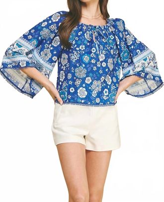 Pinch Design Floral Wide Sleeve Top In Baja Blue