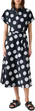 Akris Fringed Fil Coup&eacute; Polka Dot Jacquard Belted A-Line Shirtdress in Black-Cream at Nordstrom, Size 12