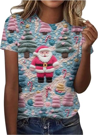 Generic Christmas Blouse Tops Woman Ladies Short Sleeve Tshirts Christmas Tree Printed Basic Tees Shirt Pullover Crew Neck Xmas Loose Sweatshirts Christmas T-