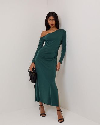 Nobody's Child Green Asymmetric Long Sleeve Jersey Bethany Midi Dress