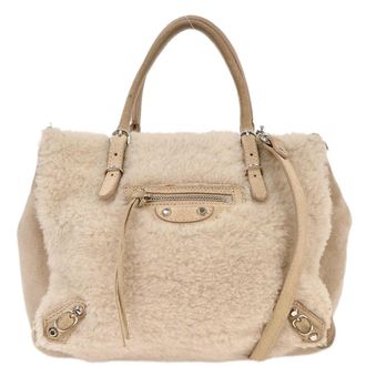 Balenciaga Papier B4 Zip Around Classic Studs Bag Shearling Beige Fur Handbag (Pre-Owned)