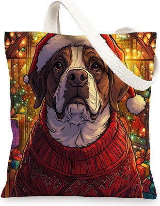 Generic Christmas St. Bernard Dog Canvas Tote Bag for Shopping 13x15, Stained Glass Winter Puppy Reusable Grocery Print Pattern Bag for Women Men, Fun Pet Aes
