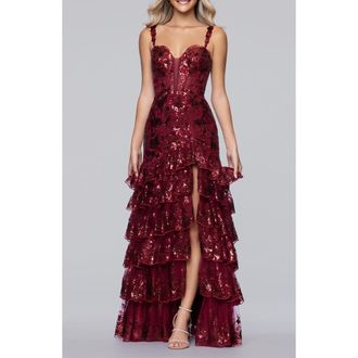 Blondie Nites Sequin Embroidered Tiered Tulle Gown in Wine at Nordstrom, Size 11