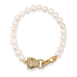 Nialaya Accessoires, Heren, Geel, M, Mens Pearl Bracelet with Gold Panther