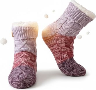 Generic Knitted Ultra-Thick Slipper Socks for Women, Tri-Color Patchwork Non-Slip Home Socks, Cozy Warm Winter Indoor Wear (Purple)