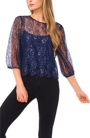 CeCe by Cynthia Steffe Metallic Floral Lace Top in Classic Navy at Nordstrom, Size Small