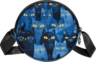 Generic Circle Crossbody Bag for Women, Dark Blue Cats Small Sling Bag Daypack with Zipper Adjustable Shoulder Straps Casual Ladies Girls Round Purse
