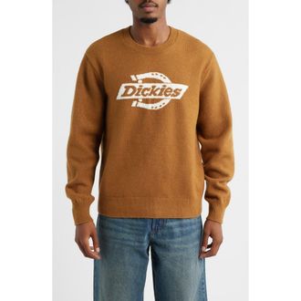 Dickies Ruston Intarsia Logo Crewneck Sweater in Brown Duck at Nordstrom, Size Xx-Large