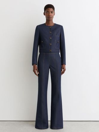 Reiss Dark Blue Petite Flared-leg Denim-look Trousers, 12