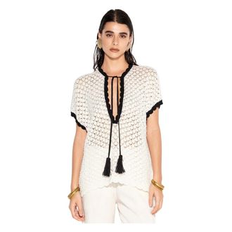 Akep V-neck Knitwear, female, White, Size: XS Top with contrast trim and tassel ties