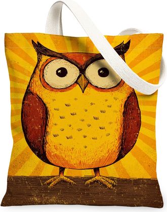 Generic Vintage Owl Canvas Tote Bags, Artistic Bird Design Reusable Grocery Bags, Lightweight Washable Shoulder Strap Tote for Trav, Yellow, 13x15 Inch