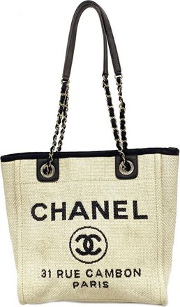 Chanel Ivory Navy Raffia Tote Bag (Pre-Owned)
