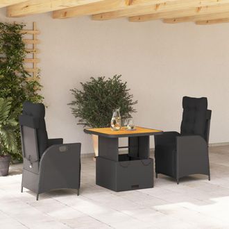 vidaXL Set Comedor De Jard&iacute;n 3 Pzas Con Cojines Rat&aacute;n Sint&eacute;tico Negro Vidaxl