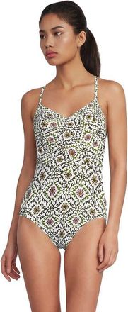 Lands End Slender Suit V-neck Pleated X-back One Piece Swimsuit Adjustable Straps in Geo Floral/white at Nordstrom, Size 18